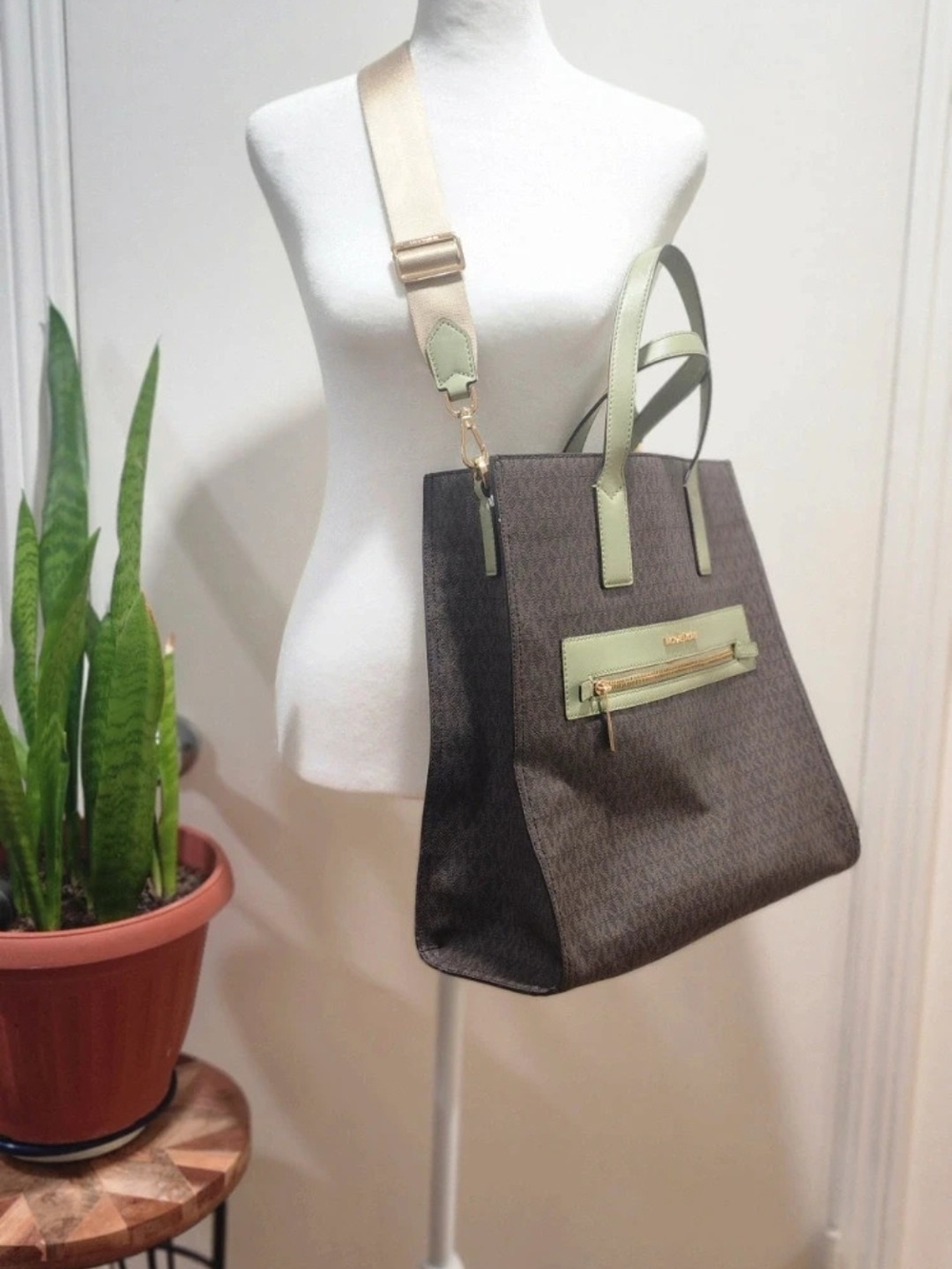 Michael Kors Brown Tote with Sage Trim and Detachable Strap